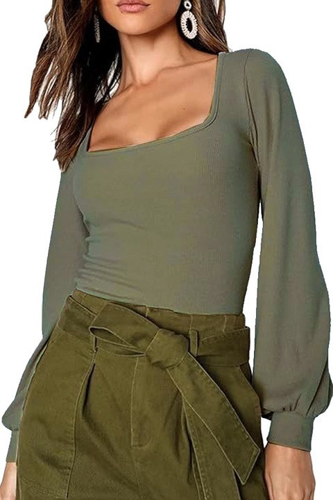 Top cu maneca lunga, decolteu adanc, pentru femei, Kekuningan, Verde