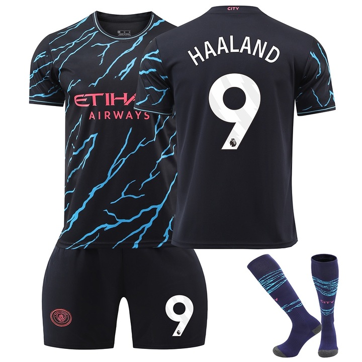 Детска спортна екипировка Man City Haaland No.9 Футболна тениска, Черен