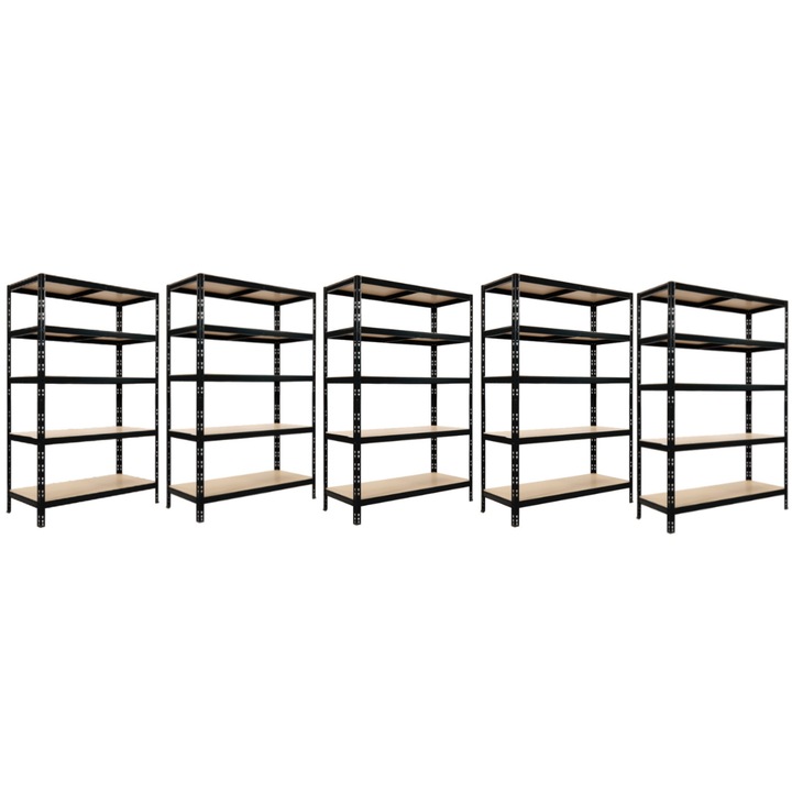 Raft metalic depozitare, universal 5 polite MDF Handlekraft® 5 piese, 200x120x40 cm, 175kg/raft, montare prin clipsare, Cadru metalic solid Otel/Negru