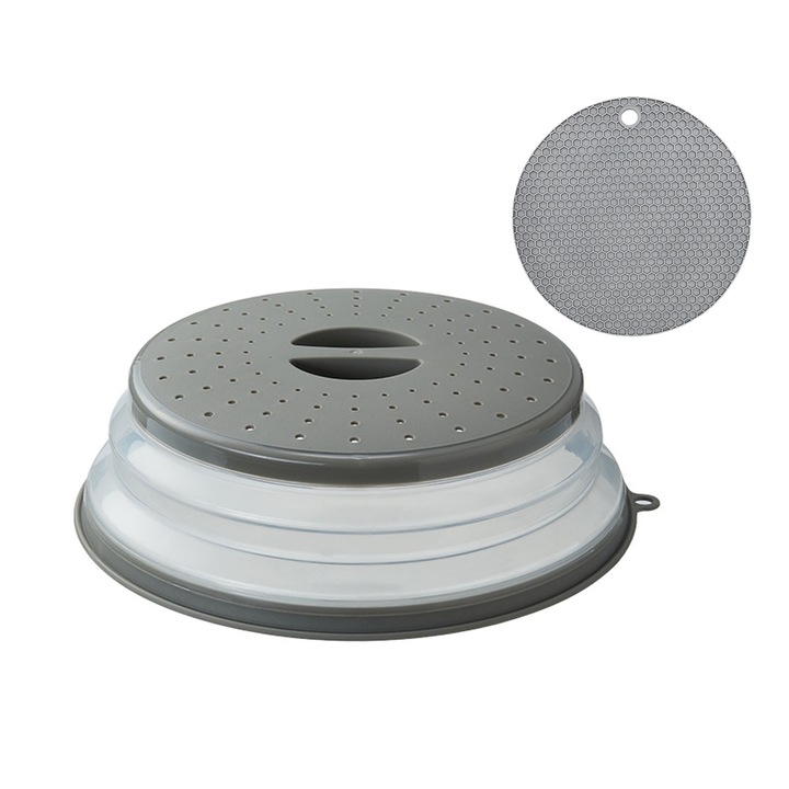 Set capac pliabil pentru cuptorul cu microunde, Darklove, Functie strecuratoare, Protectie pentru incalzire, Reutilizabile, Universal, Durabile, Depozitare alimente, PP/Silicon, Diametru 21/26.5cm, Gri/Transparent