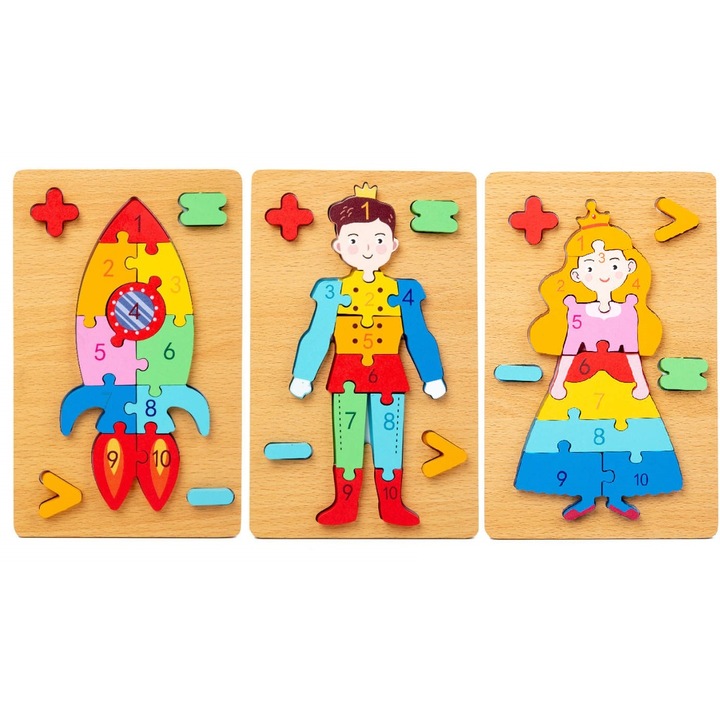 3 darabos 3D Puzzle MagicToys™ készlet, fa, Montessori, oktatási és interaktív, élénk színű, 42 darabos, 2 év feletti gyermekek számára, rakéta modell + nyomat + hercegnő, többszínű, rózsaszín