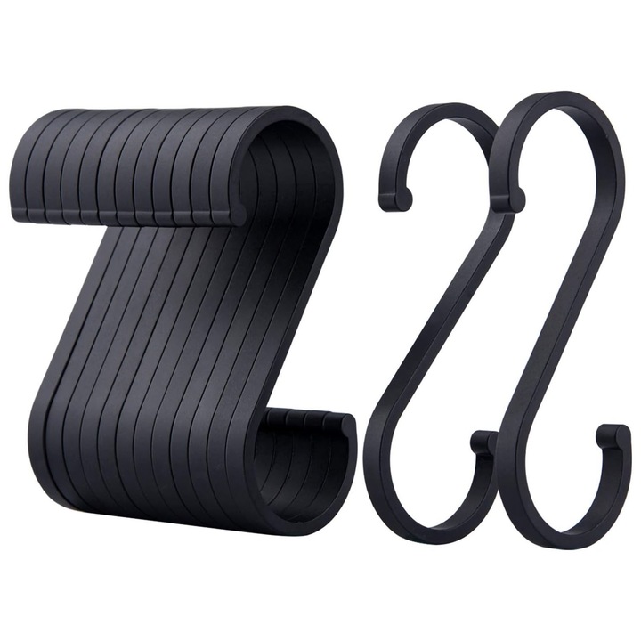 Set 12 carlige metalice sub forma de S, Darklove, Strat anticoroziv, Fara Gaurire, Sarcina portanta 5kg, Rezistente la umezeala, Usor de utilizat, Pentru gradina, bucatarie si rafturi, Aluminiu, 8.5x2.7cm, Negru