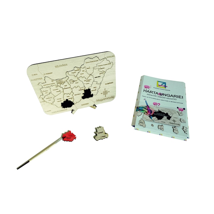 Puzzle Montessori, Harta Ungariei, Cele 19 de comitate, lemn, 21 de piese