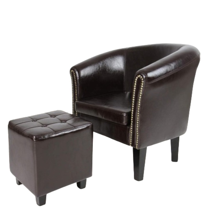 Fotoliu Chesterfield cu taburet, din lemn si imitatie de piele, cu nituri din cupru, maro, Miadomodo