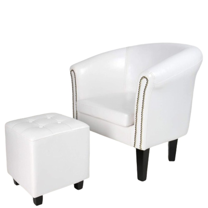 Fotoliu Chesterfield cu taburet, din lemn si imitatie de piele, cu nituri din cupru, alb, Miadomodo