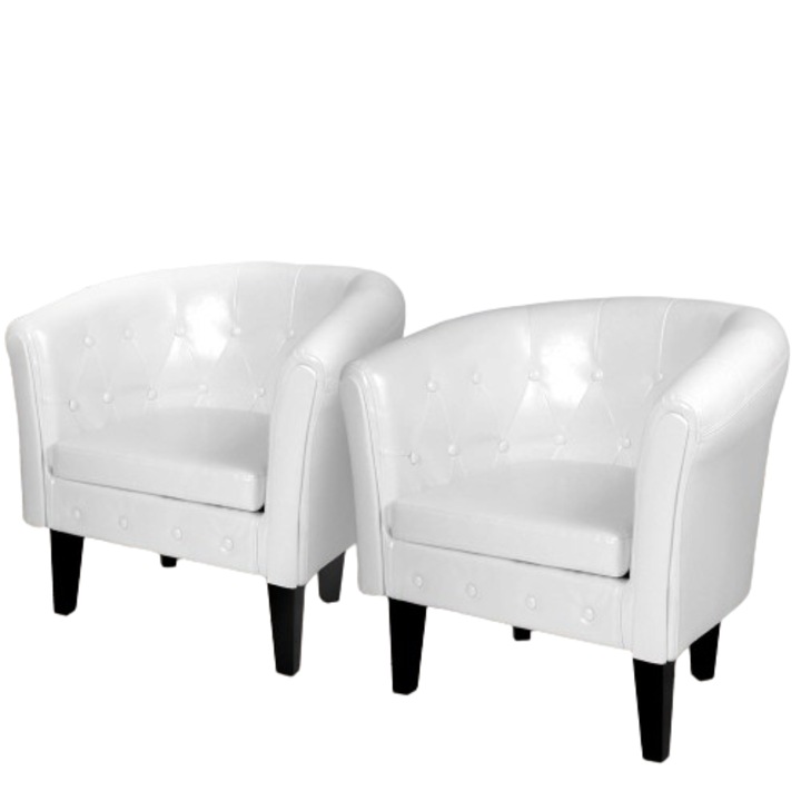Set 2 fotolii Chesterfield, din lemn si imitatie de piele, alb, MIADOMODO