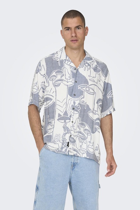 Only & Sons, Bő fazonú mintás ing, Fehér/Púderkék