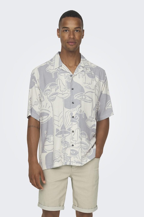 Only & Sons, Bő fazonú mintás ing, Csontszín/Világosszürke