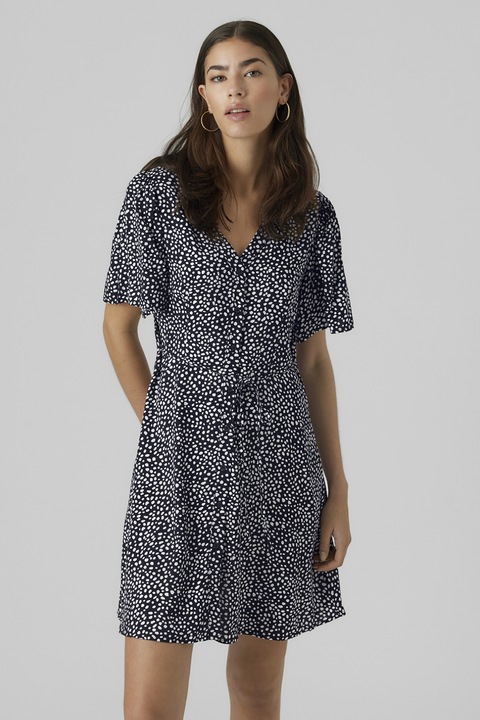 Vero Moda, Rochie mini cu decolteu in V, Alb/Negru