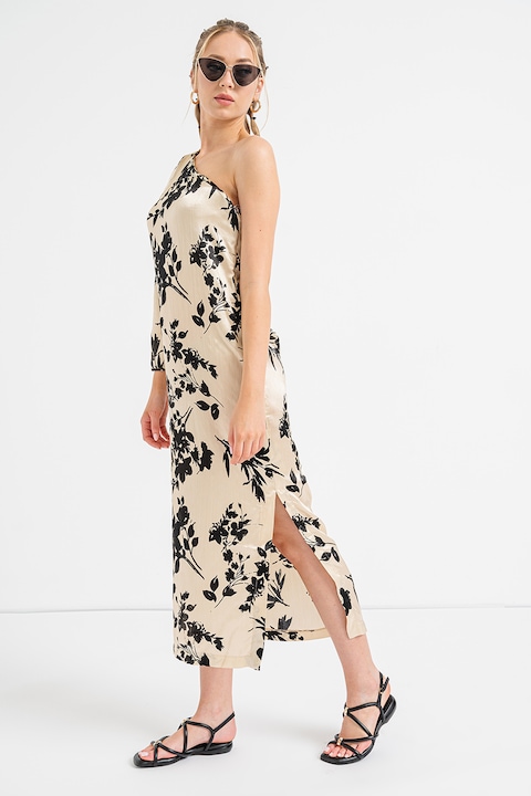 Only, Rochie cu decolteu pe un umar si slit lateral, Negru/Maro nisip, S