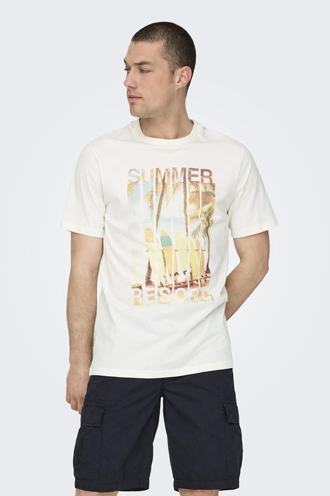 Only & Sons, Organikuspamut póló, Barna/Törtfehér/Világoskék