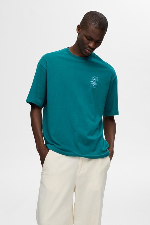 Selected Homme, Свободна тениска от органичен памук с шарка на гърба, Петролно синьо