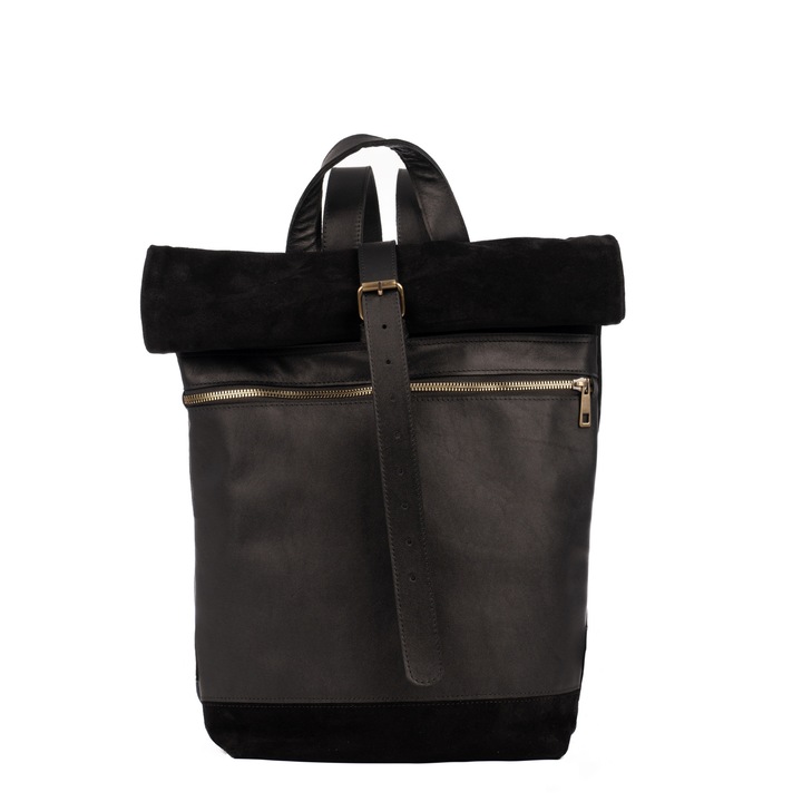 Rucsac de dama Rolltop Madrassa, din piele naturala, negru, 36x26x12 cm