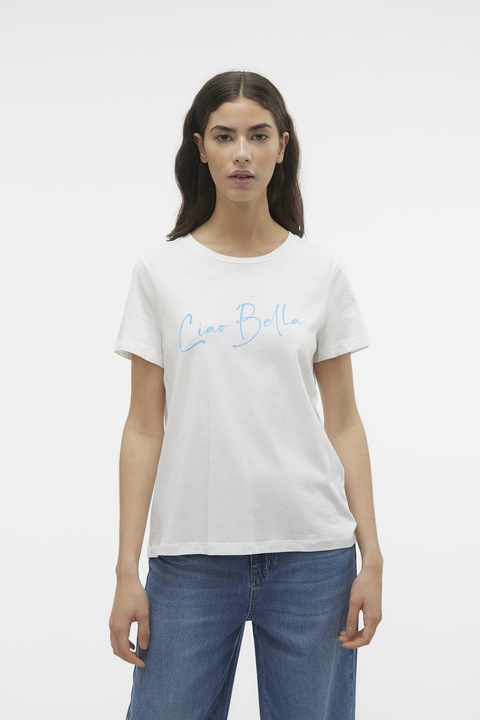 Vero Moda, Tricou de bumbac organic cu imprimeu text, Alb/Albastru