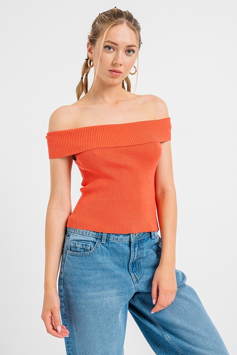 Vero Moda, Tricou cu model in dungi si decolteu pe umeri, Portocaliu