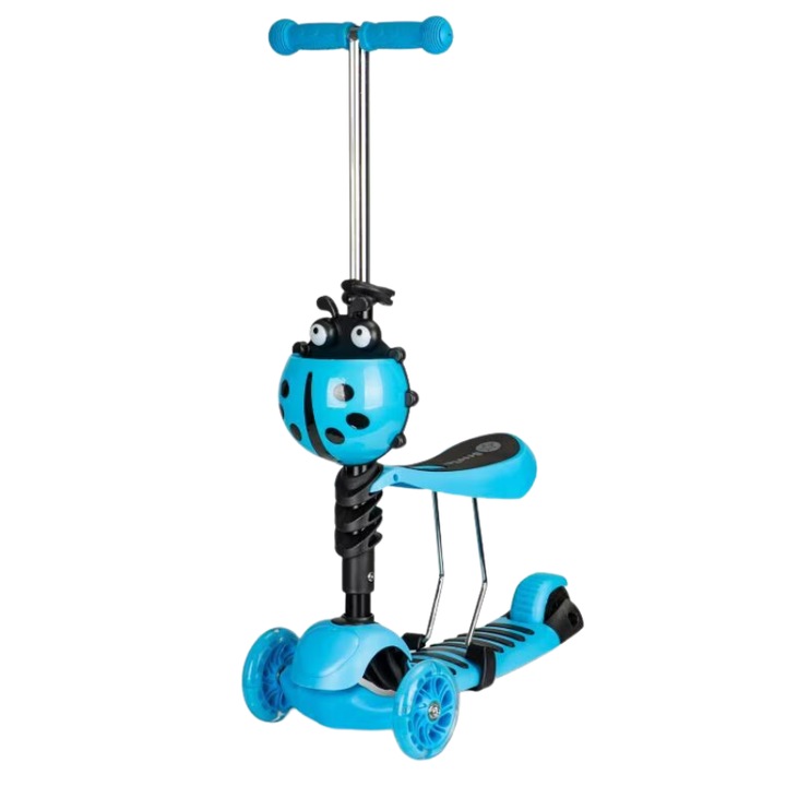 Trotineta 3 in 1 copii cu sezut, roti LED si cos Buburuza, ghidon reglabil 3 trepte, pliabila, max. 25 kg, 3 ani+, albastra [2]