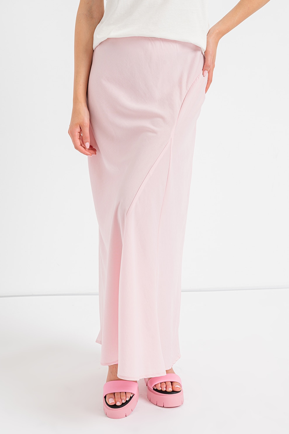 Vero Moda, Fusta lunga evazata cu talie inalta, Roz pastel, M