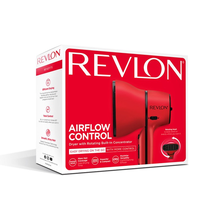 Hajszárító Revlon Airflow Control RVDR5320E, beépített koncentrátor 90 fokos forgatással, diffúzor a hangerő szabályozásához, 2 sebesség, 3 hőmérséklet fokozat, piros