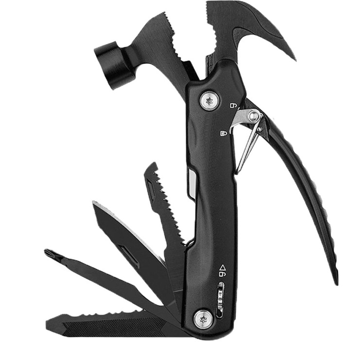 Unealta de supravietuire FONIX, 12-in-1, Camping, Functionalitati Multiple, Negru