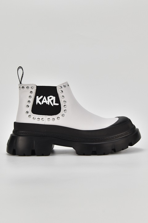 Karl Lagerfeld, Ghete Chelsea de piele si material textil cu tinte, Negru/Alb murdar