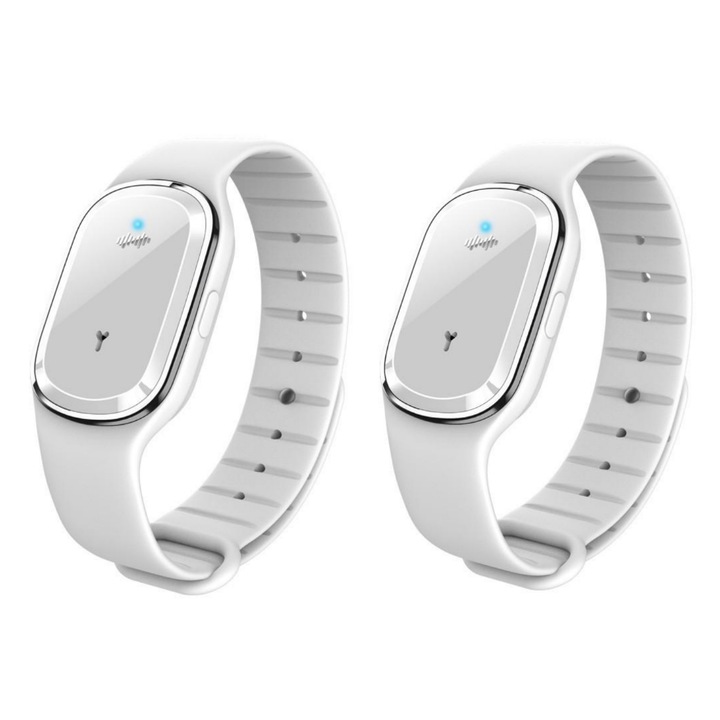 Set 2 Bratari Tip Ceas din Silicon MaffStuff®, cu Ultrasunete, Impotriva Tantarilor si a Altor Insecte, Alb