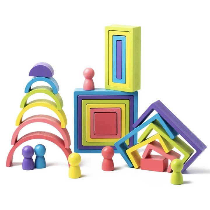 Oktatójáték, Szivárvány és Montessori hengerek, fából, 28 db, SARALMA®