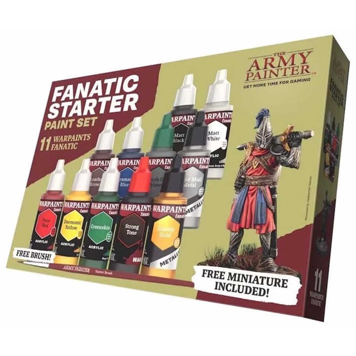 Set de pictura, The Army Painter, Warpaints Fanatic, 10 vopsele 18ml, primer, figurina, pensula, ghid de pictura