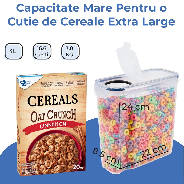 Set de 4 Recipiente Elindor® Mari, Caserole Ingrediente pentru Bucatarie, pentru Alimente Uscate, Recipient pentru Depozitare Cafea, Zahar, Paste, Cereale, Capac Etans, fara BPA, Etichete Reutilizabile, 4L, Transparent
