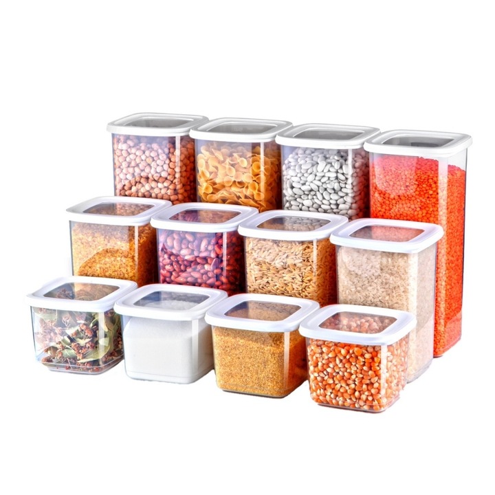 Комплект от 12 кутии за храна (4X550 ml, 4X1200 ml, 4X1750 ml), бели прозрачни, 1 резервен капак и 24 самозалепващи се етикета