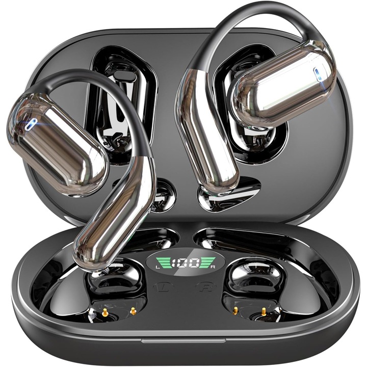Vezeték nélküli sport fülhallgató, OWS Bluetooth 5.3, Touch vezérlés, vezeték nélküli, Mágneses ház, LED kijelző, 50 órás működés, fekete