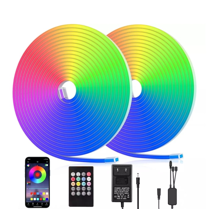 Неонова RGB LED лента 15m (2 x 7.5m), BYLIFITY, G5429-15, Цветна светлина, Bluetooth, Синхронизация на музика, Приложение за телефон, Дистанционно управление, Таймер, IP68