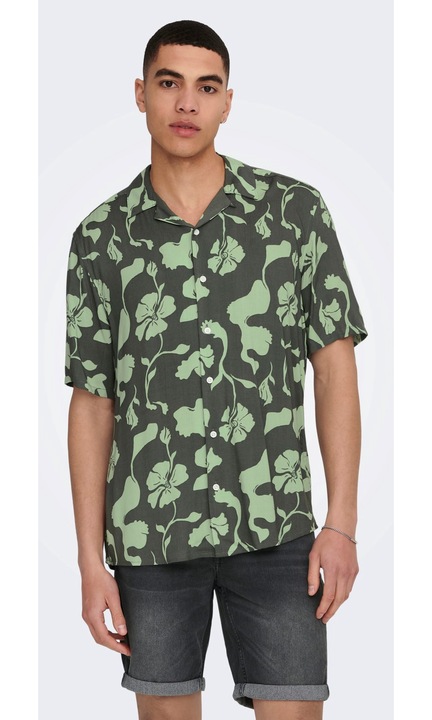 Alkalmi ing rövid ujjú ONSDASH trópusi virágmintás póló, Zöld
