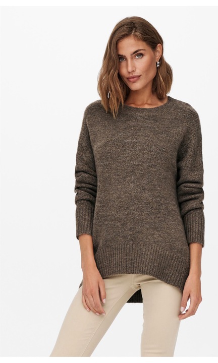 Meleg kötött pulóver, hosszú ujjú, kerek nyakú, Stretch minta ONLNANJING, Barna