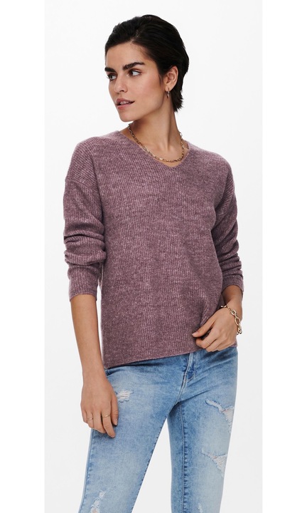 Meleg kötött pulóver, V-nyakú rugalmas pulóver hosszú ujjal ONLDANIELLA, Barna