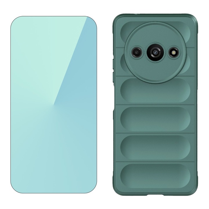 Комплект 2.5D стъклен протектор, Optically Clear Glass, Industry High 9H+ и силиконов Buffer калъф с микрофибър, За Xiaomi Redmi A3, OPTIM SOLUTION, Military-Grade Resistance, Против пръстови отпечатъци, Flexible TPU, Ergonomic Design, Зелен