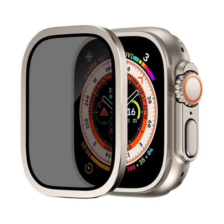 Carcasa de protectie din aluminiu cu sticla securizata Privacy, Anti-spy, anti-zgarieturi, pentru iWatch Ultra 2, 49 mm