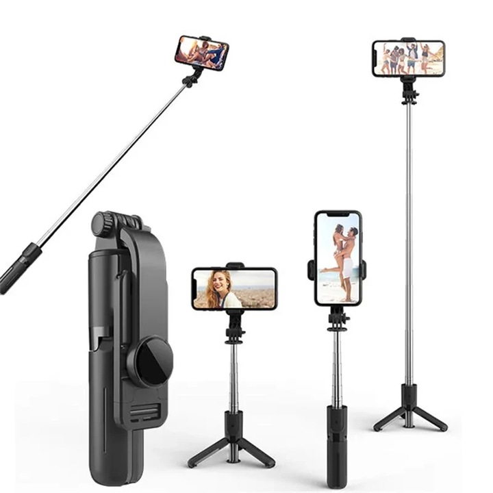 Selfie stick cu trepied ultra compact telescopic si telecomanda wireless bluetooth unghi de inclinare reglabil rotire la 360° lungime reglabila pana la 73 cm negru