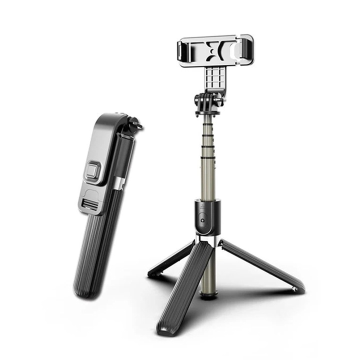 Selfie Stick cu Trepied si Telecomanda, 83cm, R74, Silicon Flex, Deep Dark