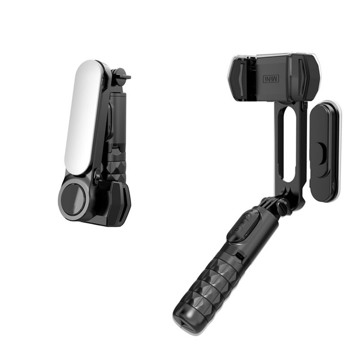 Стабилизатор на изображението Techsuit mini Gimbal (Q09), функция Selfie Stick, LED светлина и Bluetooth дистанционно управление, Съвместим с 6,7-инчов телефон или GoPro, черен