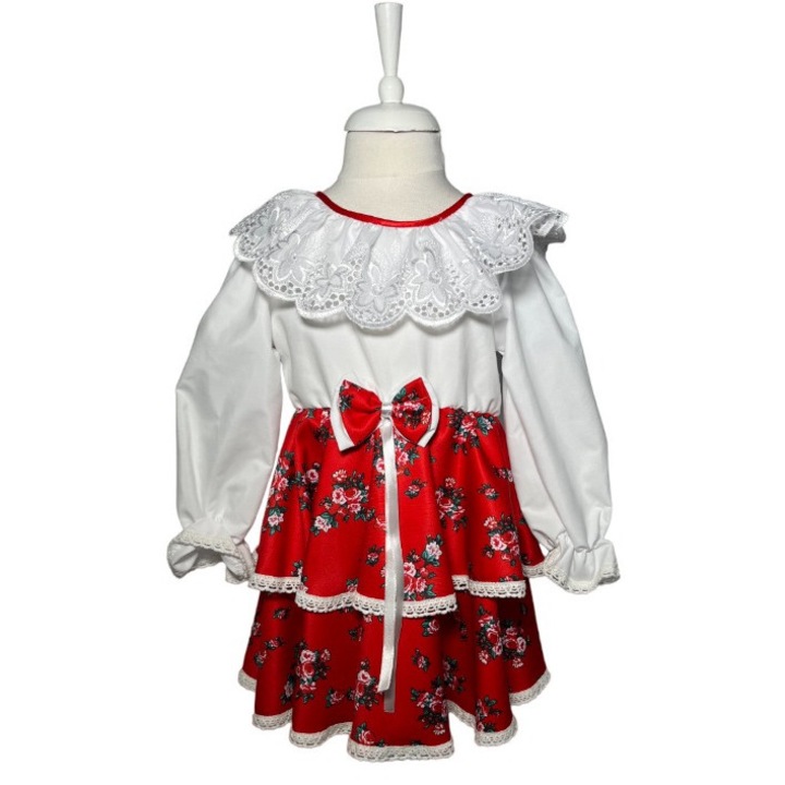 Rochie fetite casual, elganta, culoare alba/rosu cu flori, Rosu | Alb