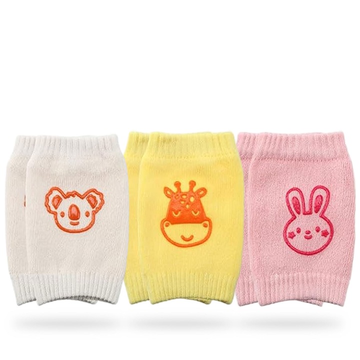 Set 3 perechi genunchiere antiderapante, zioda smart essentials®, pentru bebelusi si copii mici, protectii genunchi si coate, anti-alunecare, ideale pentru mersul de-a busilea, model, animale, koala/iepuras/girafa