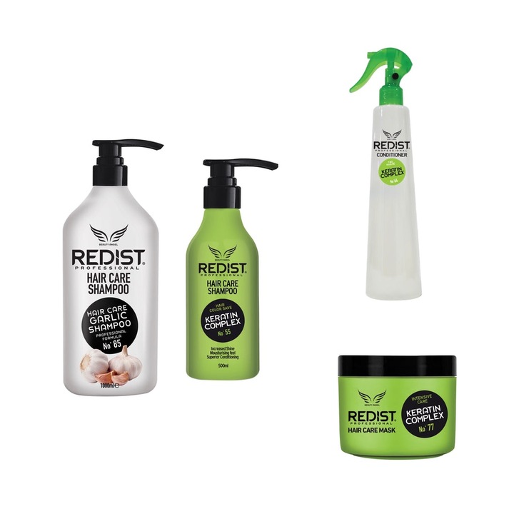 Комплект за растеж и възстановяване на косата + Обем, Шампоан с чесън 1л, Шампоан с кератин 500 мл, Маска с кератин 500 мл, Балсам с кератин