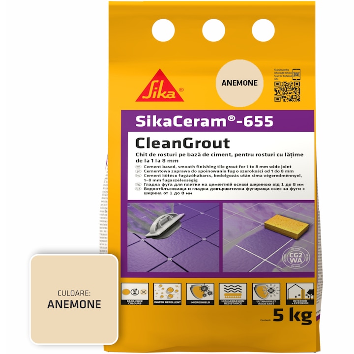 Шпакловка за фуги SikaCeram-655 CleanGrout anemone, Торба 5 кг, За фуги с ширина между 1 и 8 мм, Употреба на закрито и открито, Светлобежов