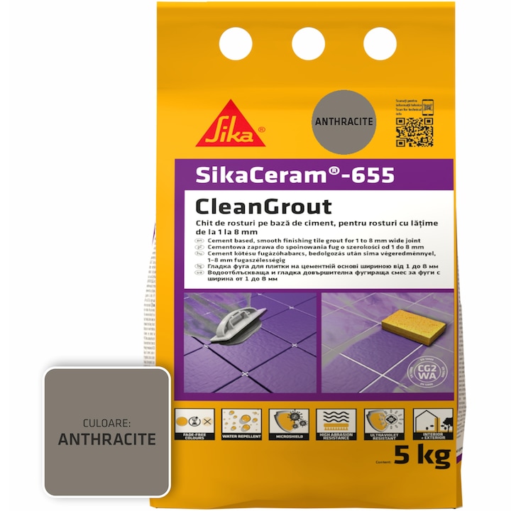 Шпакловка за фуги SikaCeram-655 CleanGrout anthraci, Торба 5 кг, За фуги с ширина между 1 и 8 мм, Употреба на закрито и открито, Антрацит