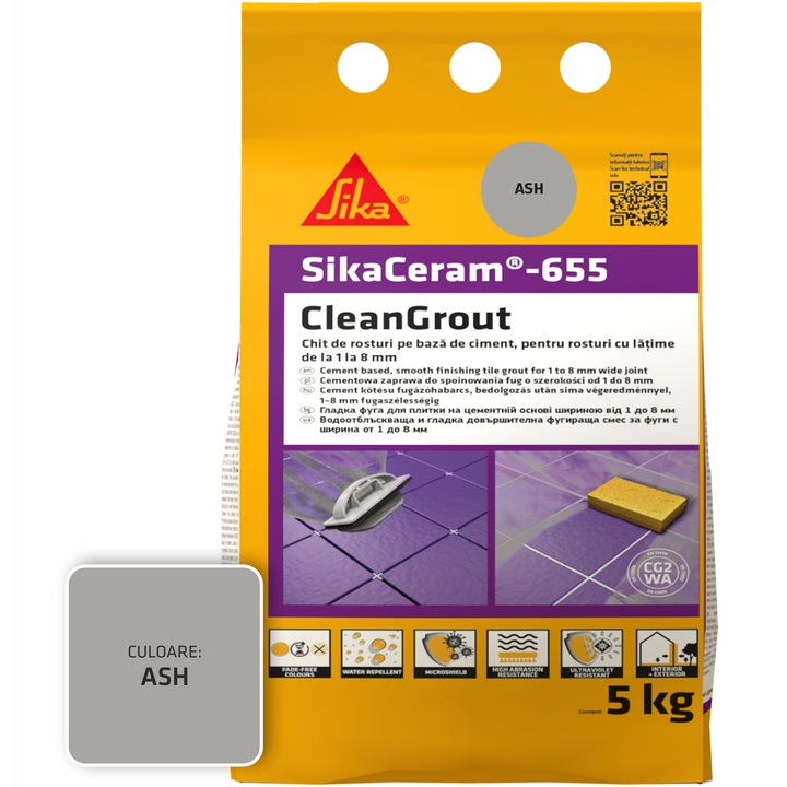 Шпакловка за фуги SikaCeram-655 CleanGrout ash, Торба 5 кг, За фуги с ширина между 1 и 8 мм, Употреба на закрито и открито, Пепел
