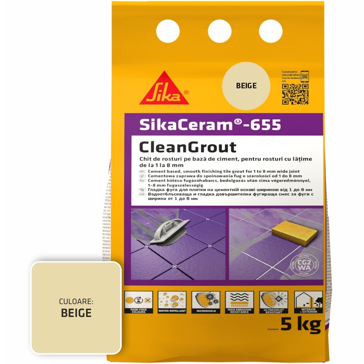Шпакловка за фуги SikaCeram-655 CleanGrout beige, Торба 5 кг, За фуги с ширина между 1 и 8 мм, Употреба на закрито и открито, Бежов