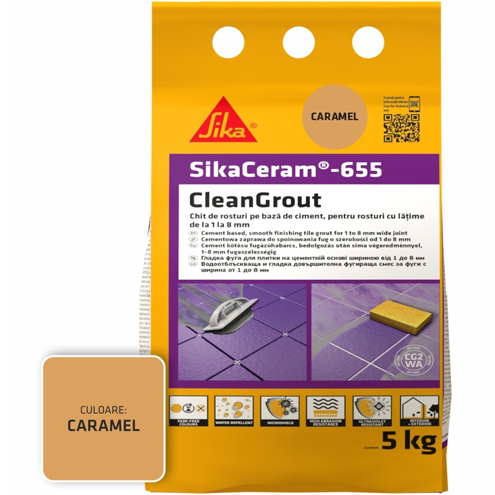 Шпакловка за фуги SikaCeram-655 CleanGrout caramel, Торба 5 кг, За фуги с ширина между 1 и 8 мм, Употреба на закрито и открито, Карамел