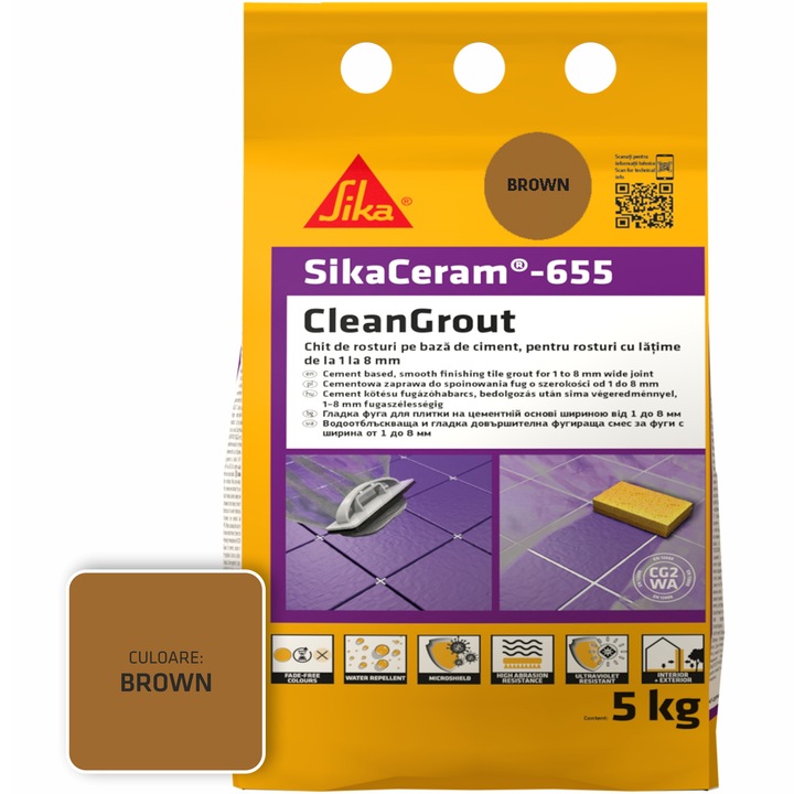 Шпакловка за фуги SikaCeram-655 CleanGrout brown, Торба 5 кг, За фуги с ширина между 1 и 8 мм, Употреба на закрито и открито, Кафяв