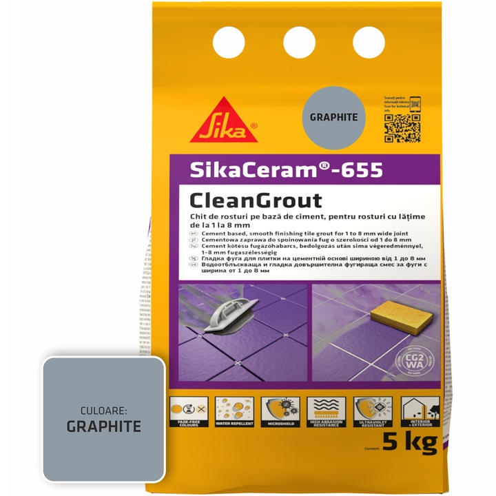 Шпакловка за фуги SikaCeram-655 CleanGrout graphite, Торба 5 кг, За фуги с ширина между 1 и 8 мм, Употреба на закрито и открито, Графит