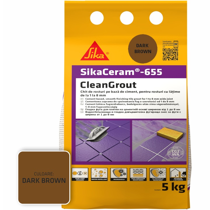 Шпакловка за фуги SikaCeram-655 CleanGrout dar.brown, Торба 5 кг, За фуги с ширина от 1 до 8 мм, За вътрешна и външна употреба, Тъмнокафяв